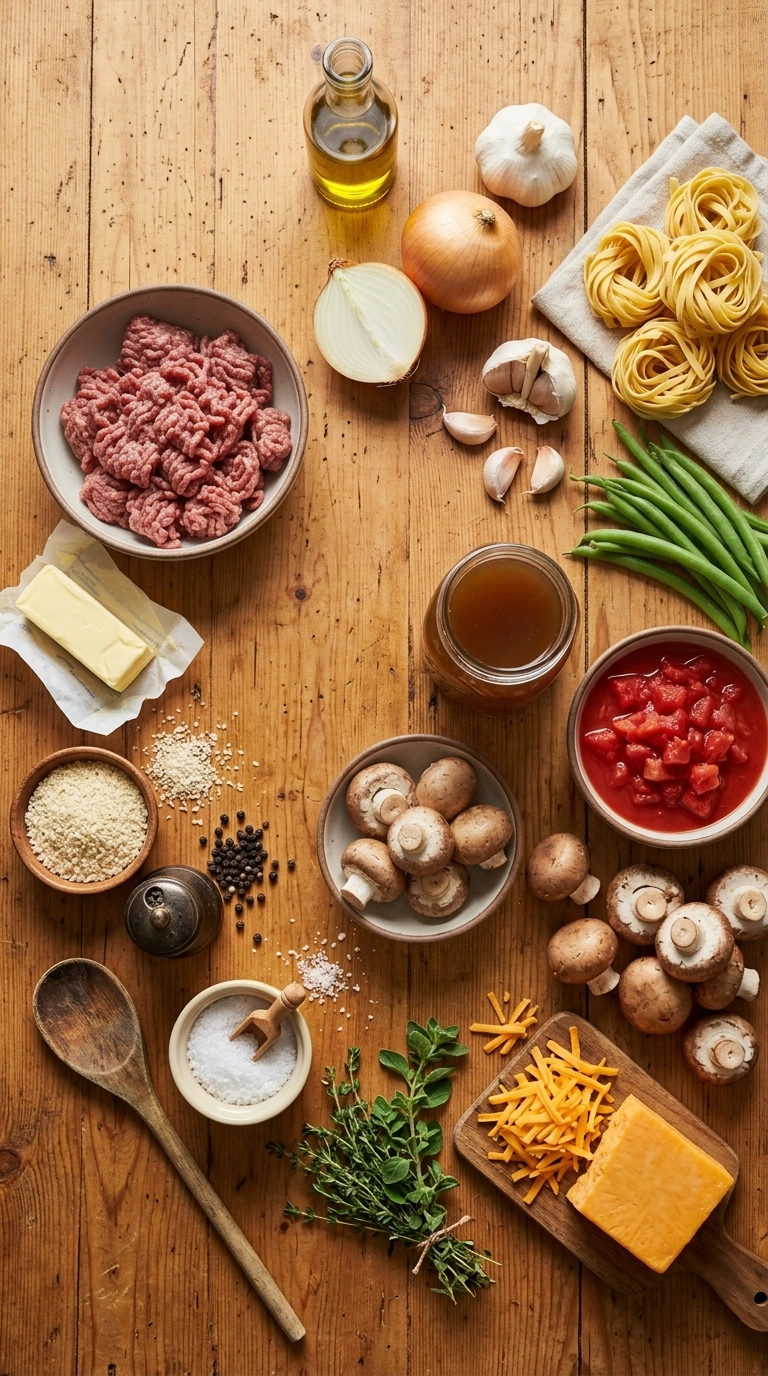 Ingredients for hearty ground beef casserole crowd