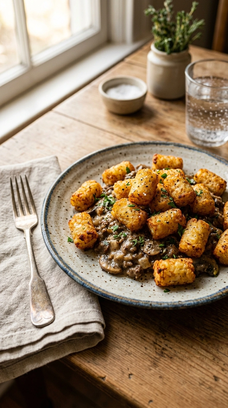 hearty beef tater tot casserole crowd ready to serve