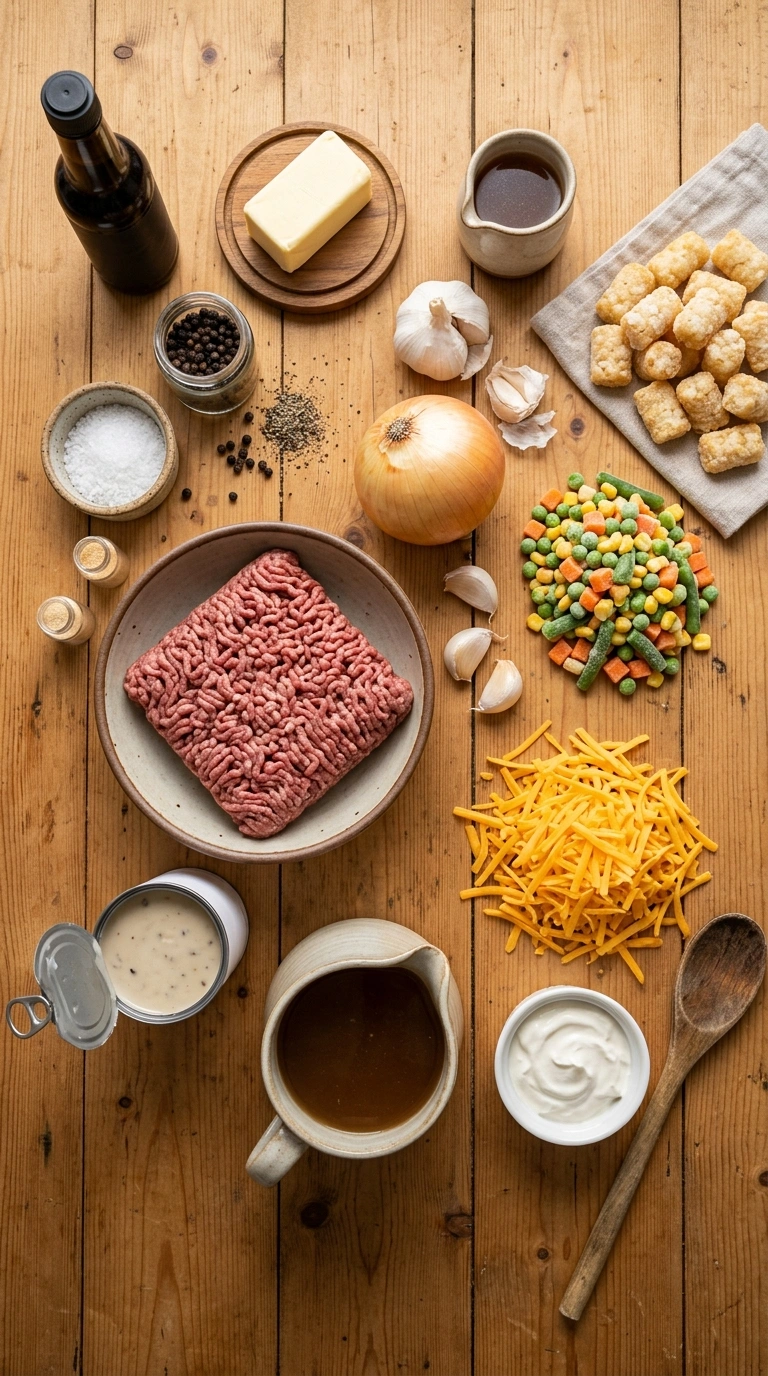 Ingredients for hearty beef tater tot casserole crowd