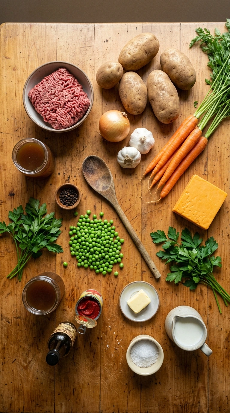 Ingredients for hearty shepherds pie casserole crowd