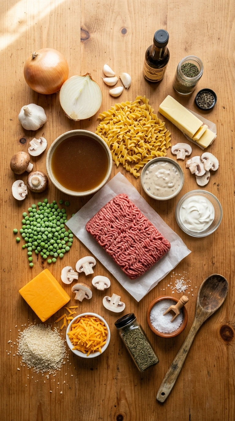 Ingredients for hearty beef noodle casserole crowd