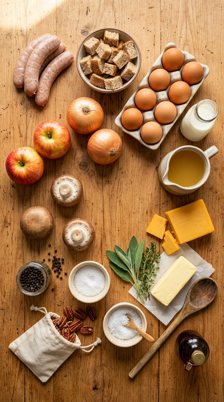 Ingredients for cozy fall apple sausage casserole crowd