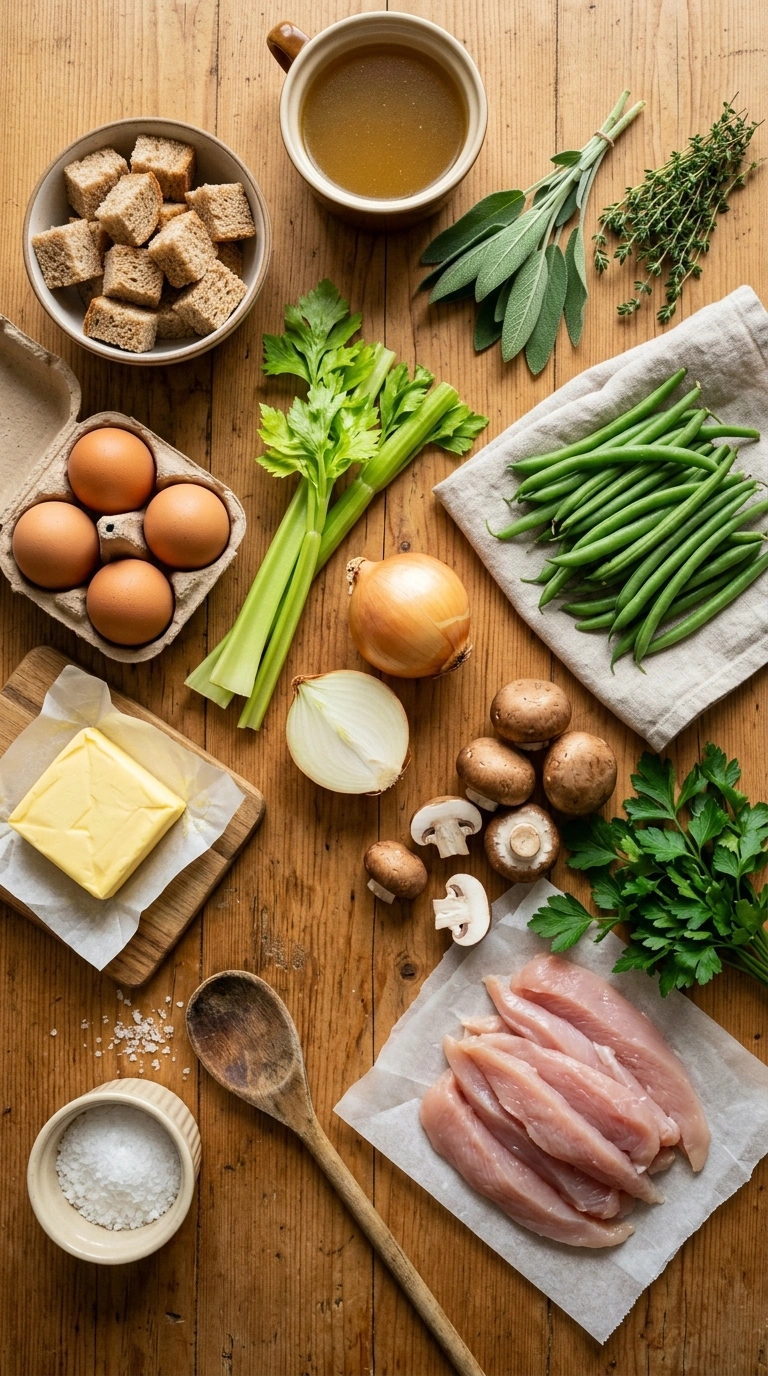 Ingredients for cozy fall stuffing casserole crowd