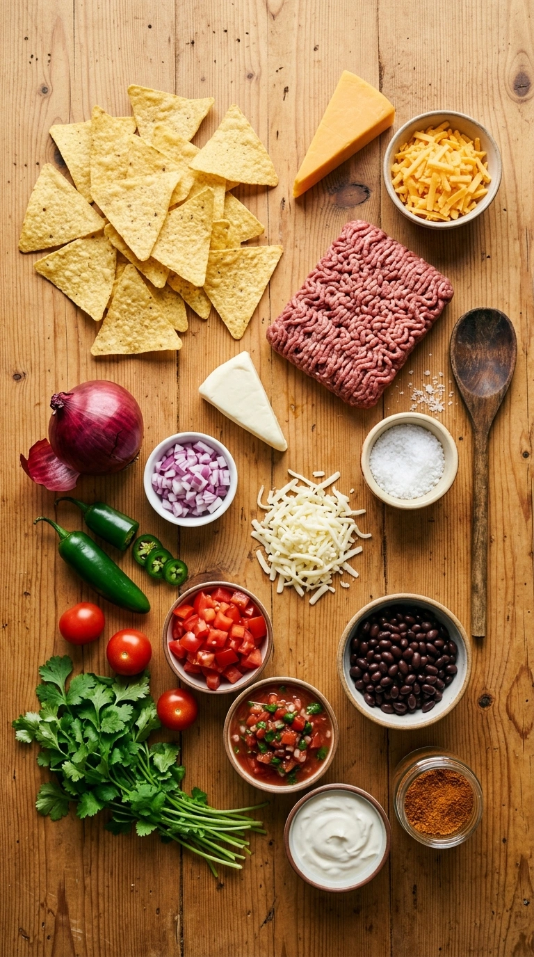 Ingredients for gooey loaded football nachos