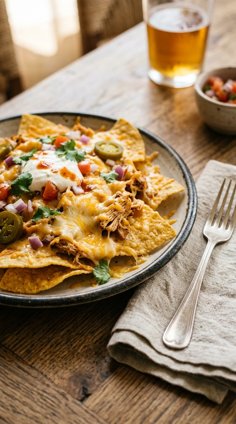 gooey loaded BBQ nachos ready to serve