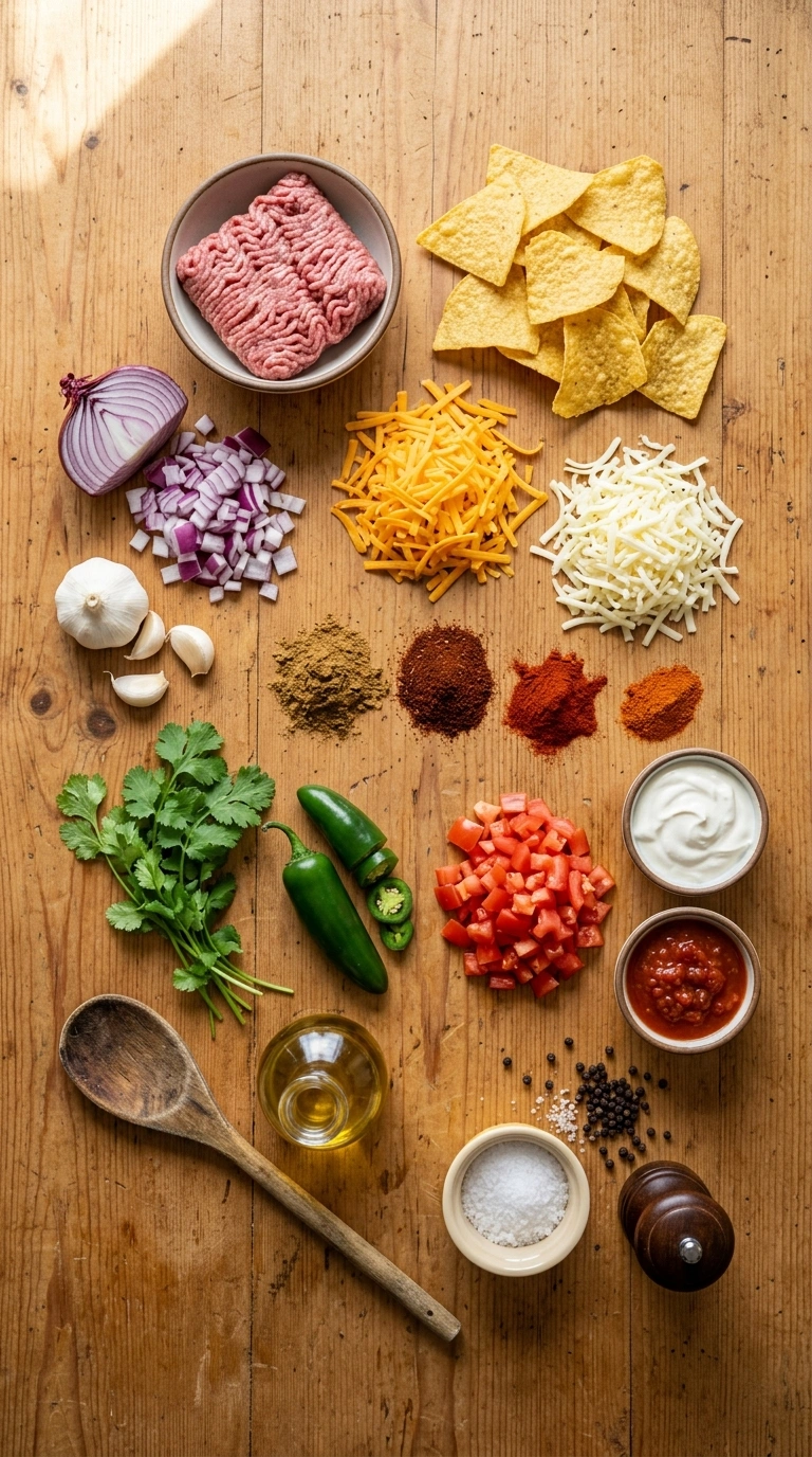 Ingredients for gooey loaded beef nachos