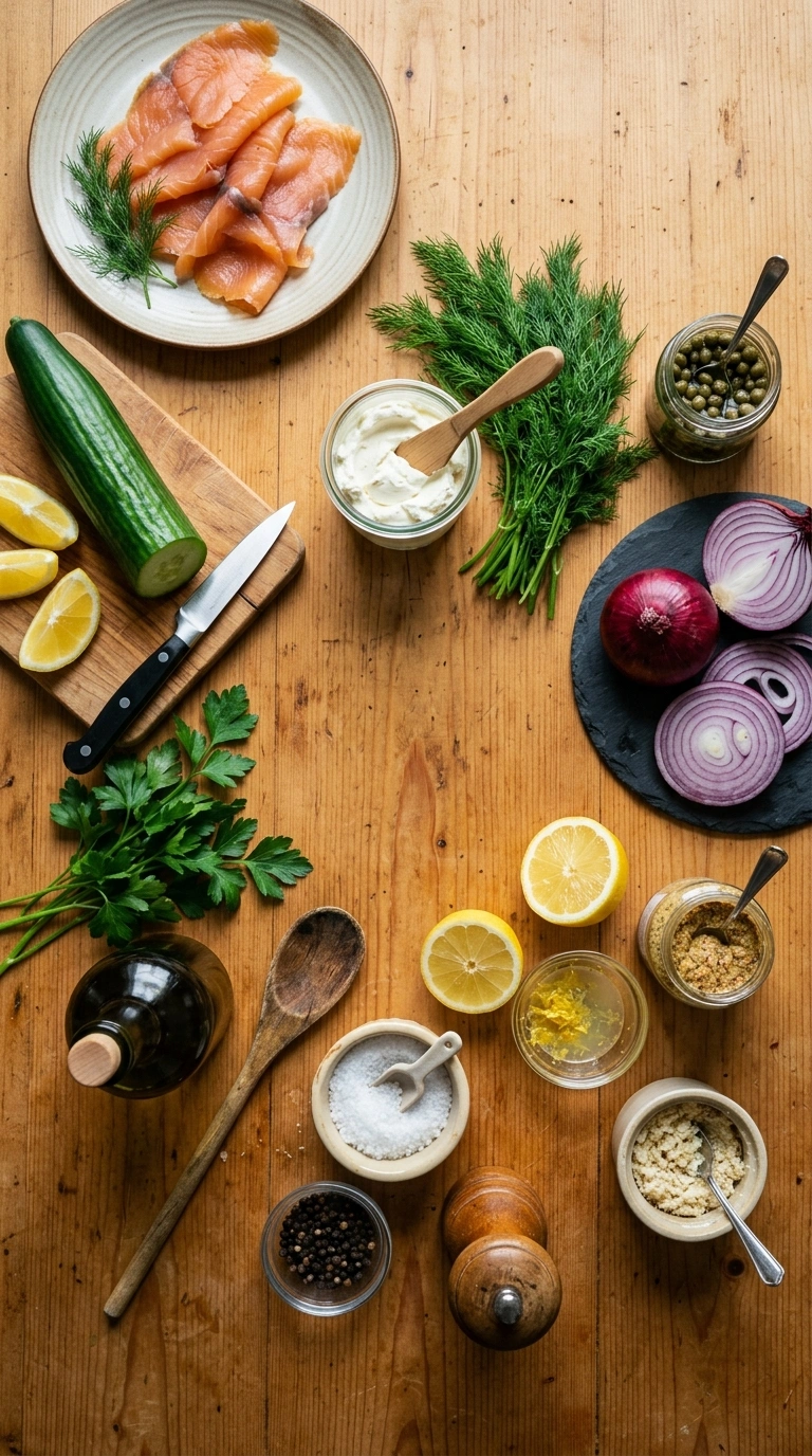 Ingredients for fresh zesty smoked salmon cucumber appetizers