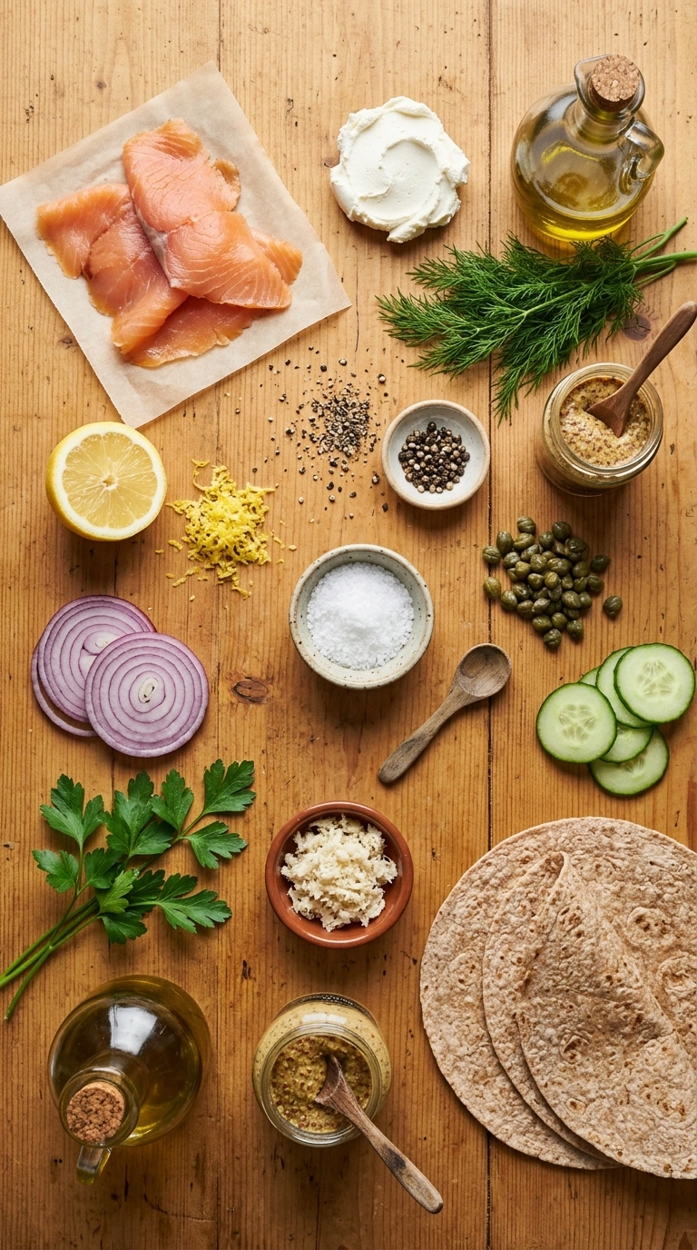 Ingredients for fresh zesty smoked salmon roll ups