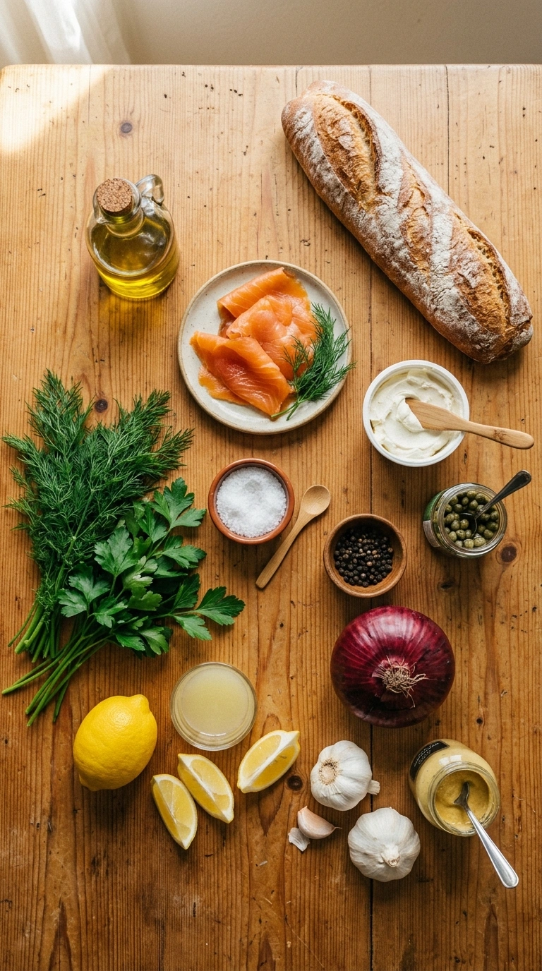 Ingredients for fresh zesty smoked salmon crostini